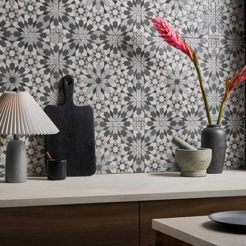 Cantico Taza Mixed Finish Lava Stone And Cement Mosaic Tile, Cloud Gray