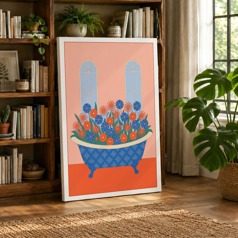 Flowers in the Tub Modern 1 Piece Wrapped Canvas Wall Art, 24x16 - 61.0 x 40.6 cm, Terracotta Border