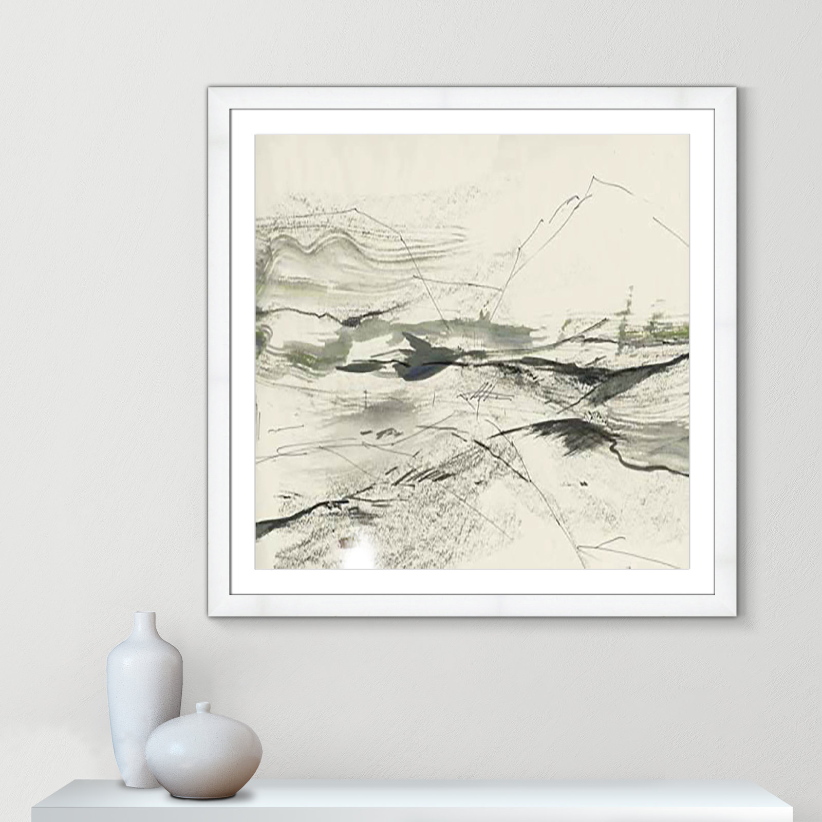 Green Sketches Print, 37.5" H x 37.5" W x 2" D, White Cube Framed