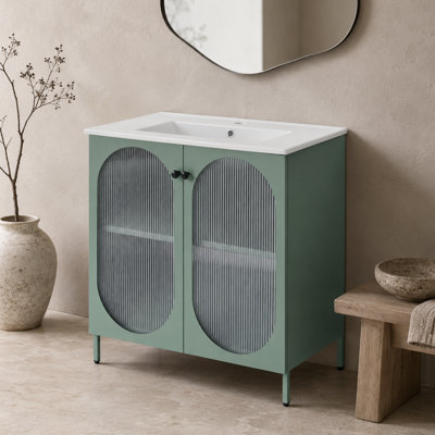 Meuble-lavabo autoportant moderne en métal avec lavabo supérieur en céramique et portes d'armoire en verre
