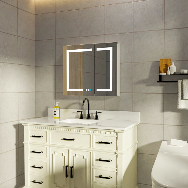 Pharmacie de salle de bain éclairée à DEL avec miroir, 30 po x 26 po, Pharmacie encastrée ou à surface, désembuage, gradation continue, changement de température de couleur, 2 prises, tablettes de rangement