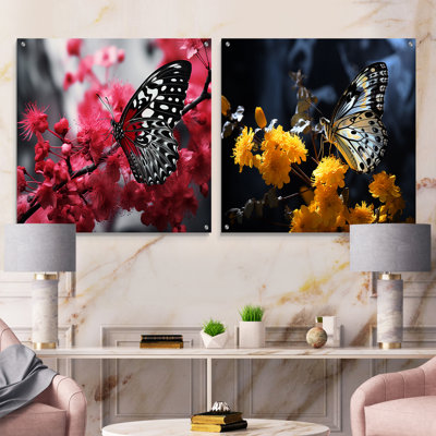 «Red Grey Butterfly Haven II», ensemble d'art mural en verre acrylique