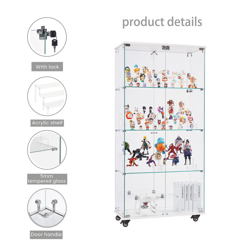 Vitrine à 4 niveaux en verre avec porte verrouillable et roues, H 65,1 po x l 31,5 po x P 14,2 po, Blanc