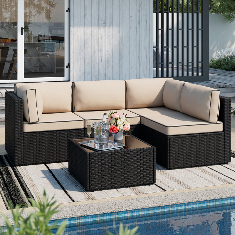 Ensemble de conversation d'extérieur pour 4 personnes avec coussins 4 personnes, Kaki, Noir