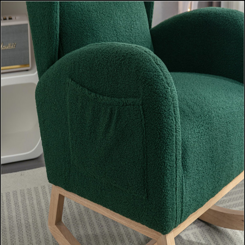 049-Chaise berçante en tissu avec pieds en bois, vert
