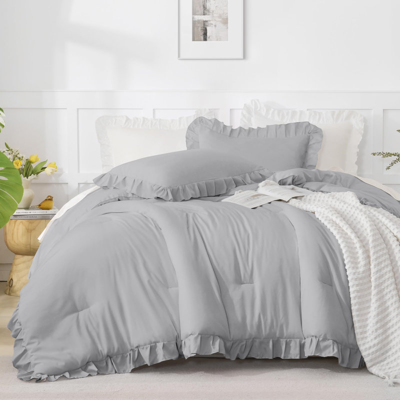 Andency Oversized King Ruffle Comforter Set 120x120, 3 Pieces Silver Gray Lightweight Fluffy Super King Bedding Set, Shabby Chic Famhouse All Season Bed Set for Girls Women