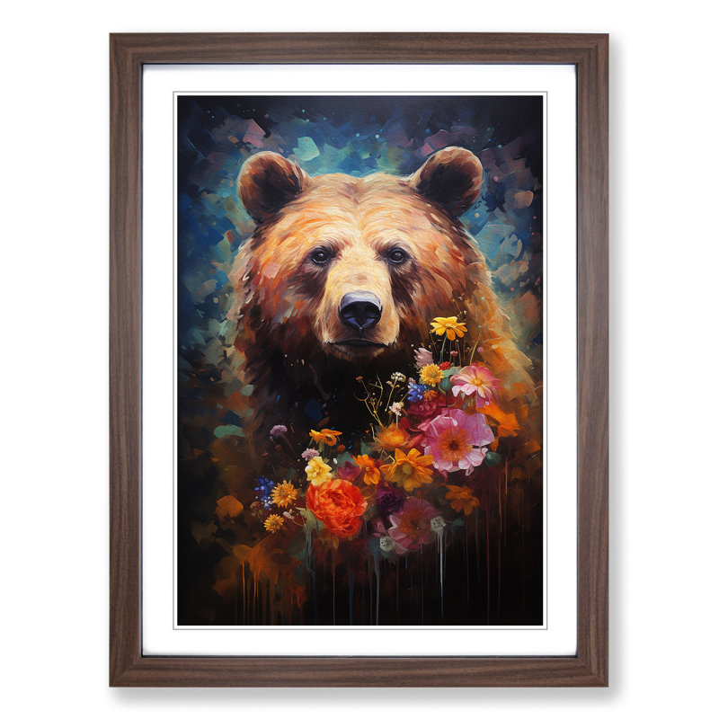 Bear Modern - Single Picture Frame Print on Wood, Walnut Framed, 34cm H x 25cm W x 2cm D