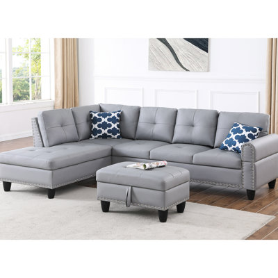 Canapé modulaire en L en similicuir 3 pièces avec porte-gobelets et rangement, pour regarder des films, deux coussins décoratifs, structure en bois massif et en bois d'ingénierie, rembourrage en mousse, accoudoirs arrondis, capitonnage subtil,