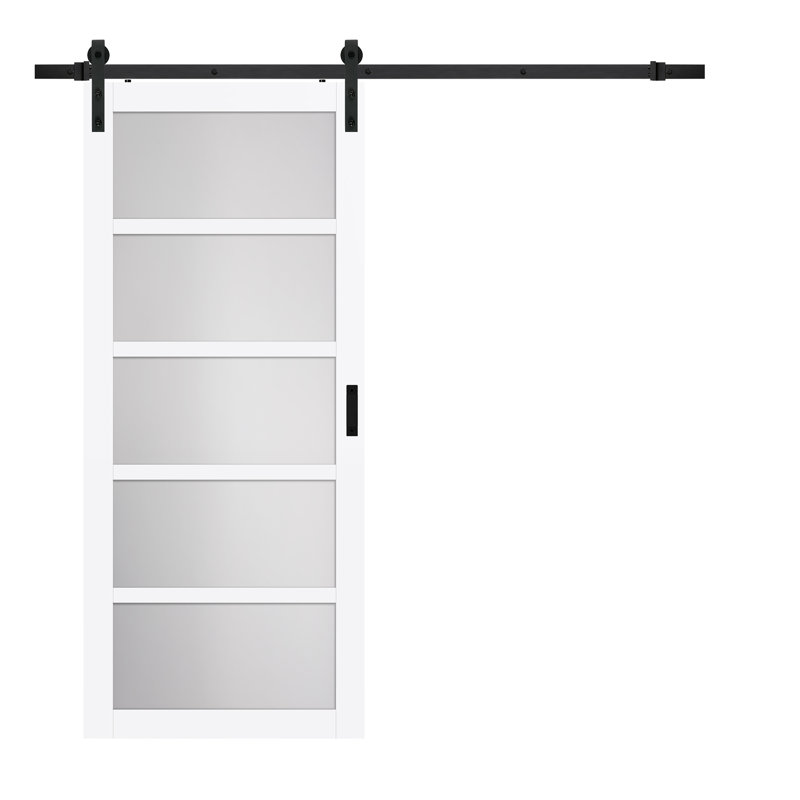 White 36" 5-Lite Frosted Glass and Wood Barn Door