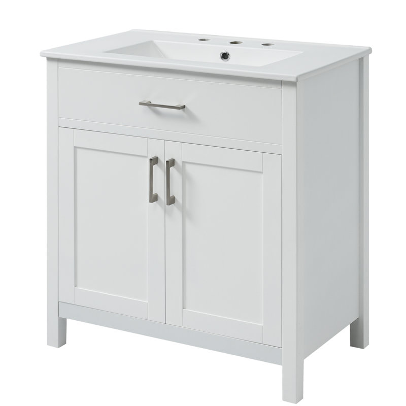 Meuble-lavabo de 30 pouces avec lavabo en céramique et nombreuses tablettes pour les accessoires essentiels - Optimisez votre efficacité. Bois massif. Bassin à finition blanche classique avec beaucoup d'options de rangement.