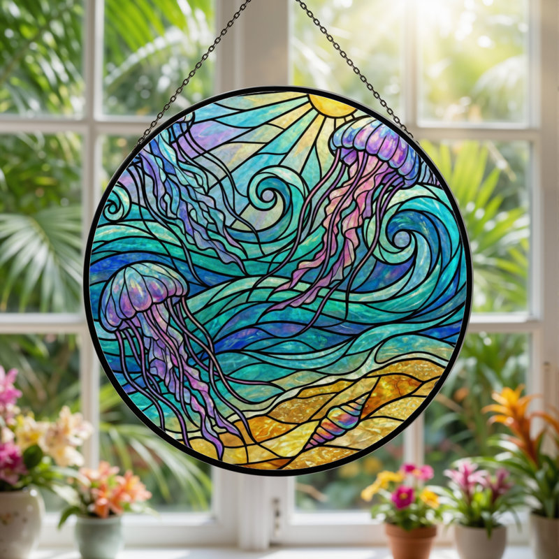 Panneau de vitrail 12 "H Ocean Waves, H 12 po x l 12 po