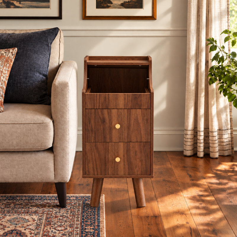 Table d'appoint Analiesa de style moderne du milieu du siècle, 30 cm de large, avec 2 tiroirs et une étagère ouverte, table de chevet étroite en bois pour le salon et la chambre.