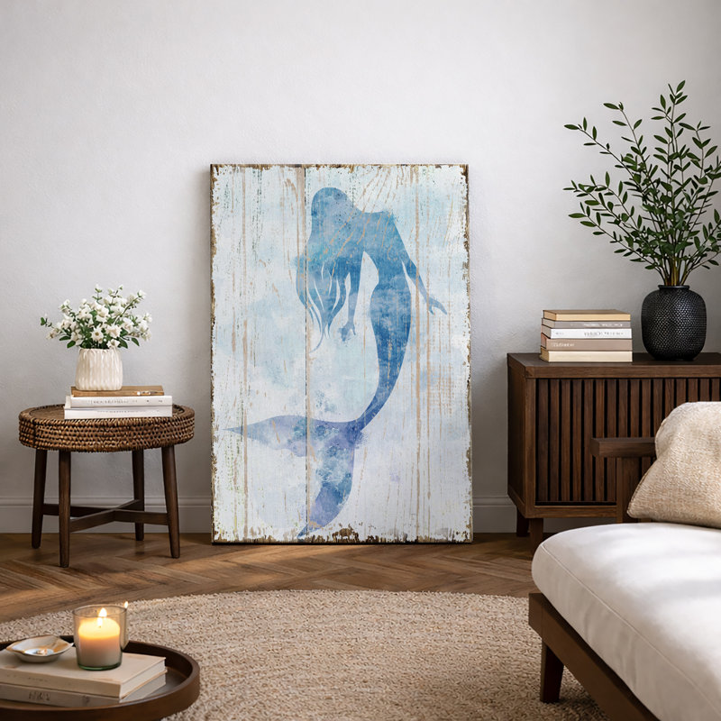 Sirène «sirène bleue sur panneau de bois effet d'art, photos de salle de bain de plage côtière nautique, grande impression sur toile encadrée,»