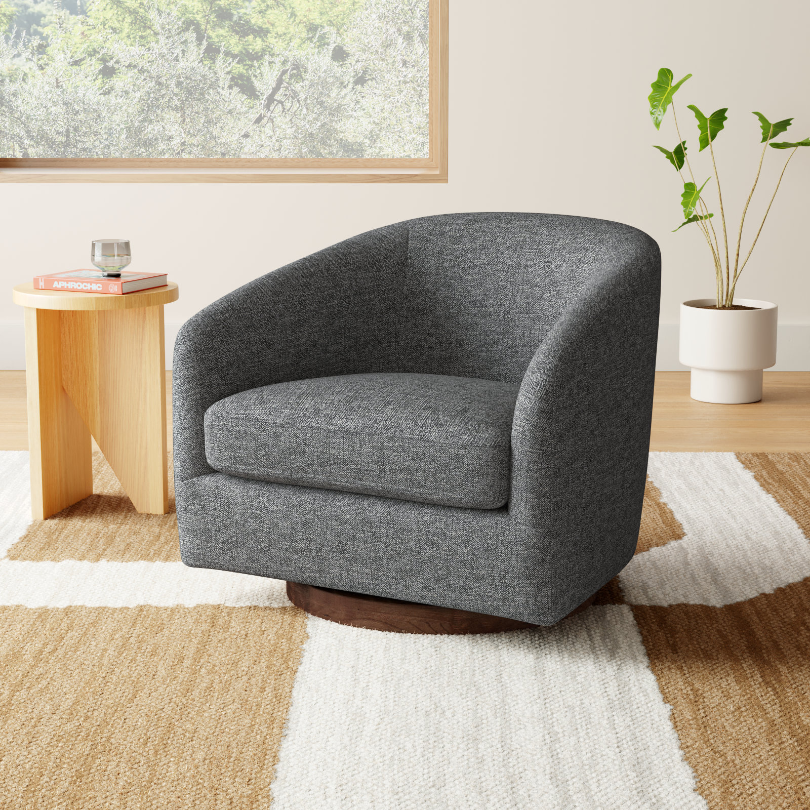 Bennett Linen Swivel Barrel Chair, Dark Gary Tweed