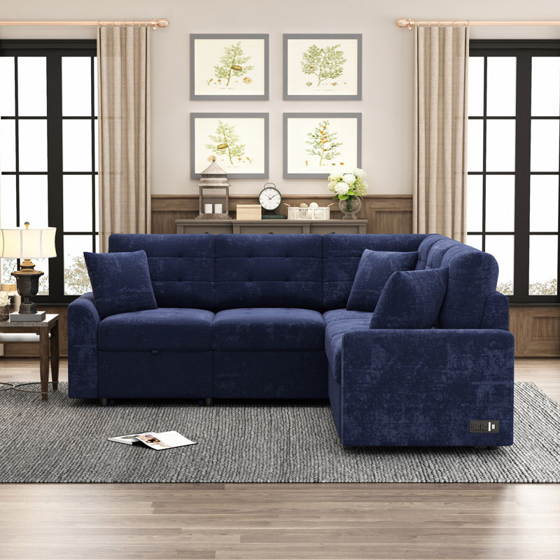 Canapé-lit escamotable en forme de L 82,6 po avec roulettes, Velours bleu marine