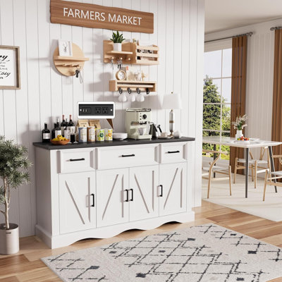 58" Wide 3 Drawer Sideboard Buffet, Farmhouse 4 Doors Credenza Storage Cabinets with Adjustable Shelves by Gracie Oaks