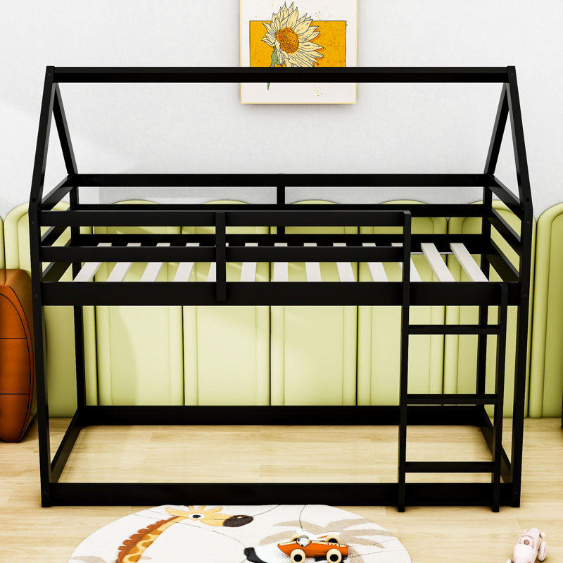 Twin Over Twin  Wooden House Bunk Bed With Ladder, Black