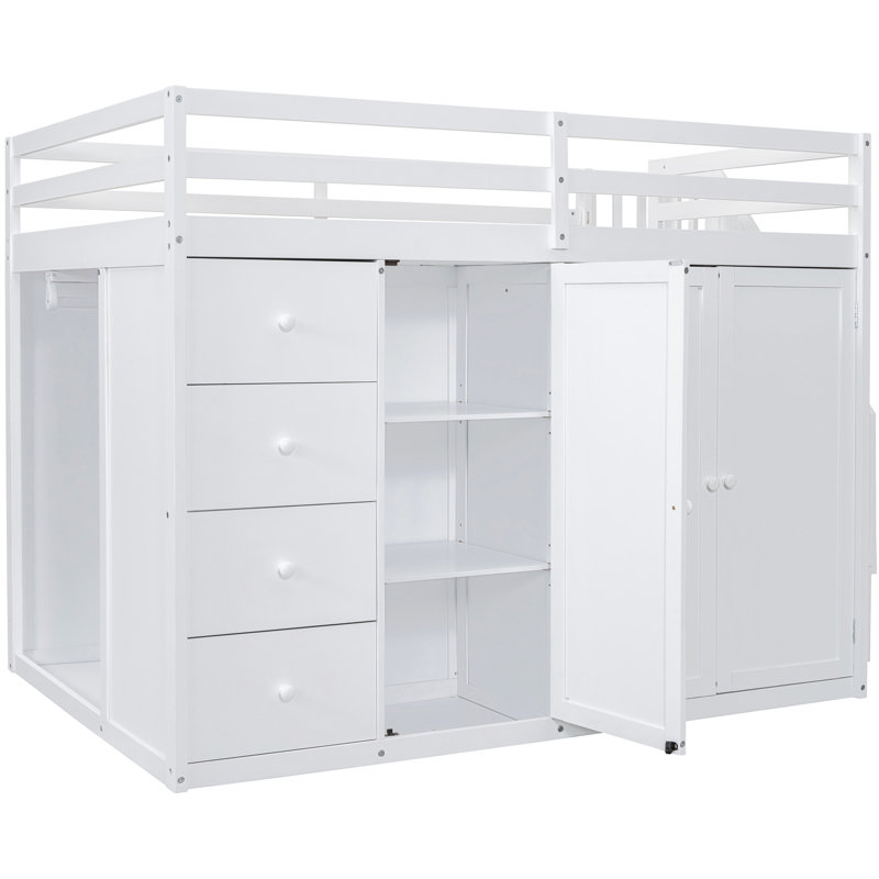 Lit mezzanine en bois blanc de taille double, avec escalier de rangement et rangement à trois niveaux, armoire de chambre multifonctionnelle ouverte de taille polyvalente, pièce maîtresse fonctionnelle