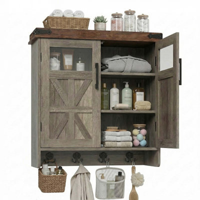 Armoire murale au-dessus de la toilette avec tablettes réglables, crochet à serviettes intégré et rangement vertical compact pour la salle de bain, la cuisine ou le garage.
