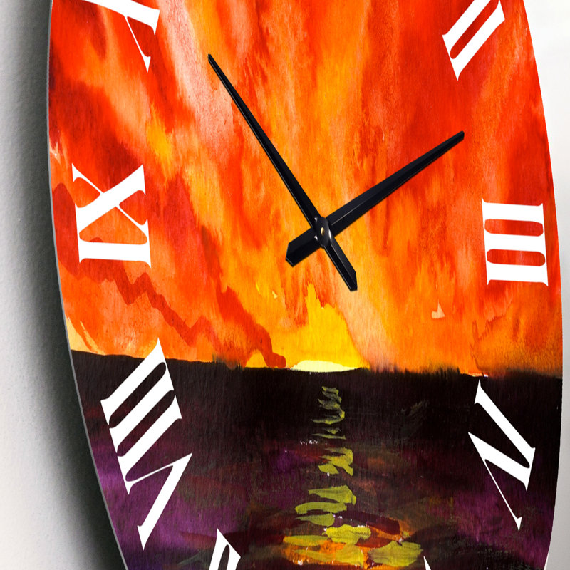 Lumineux coucher de soleil rouge sur l'océan - horloge murale moderne, Petit