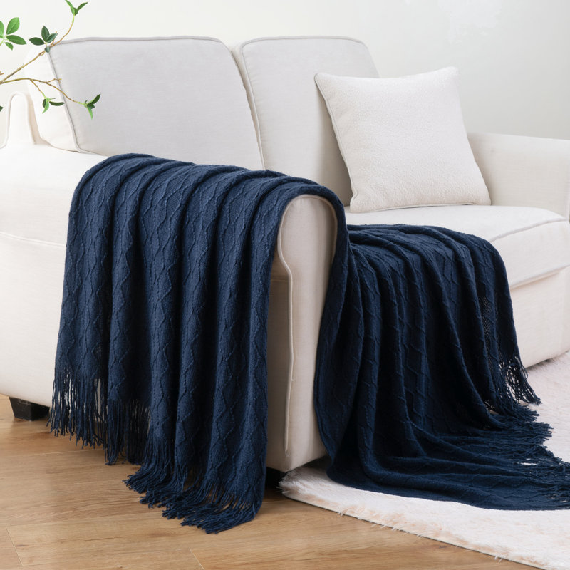  Textured Soft Sofa Couch Decorative Throw, Boho Throw Blanket with Tassels, 50"x60” , Navy