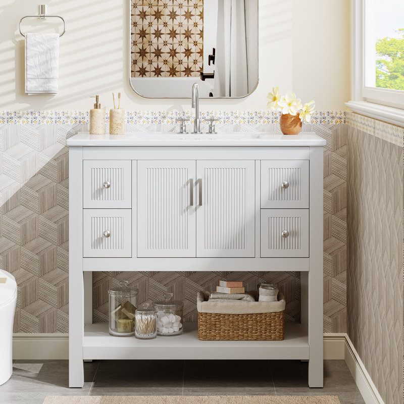 Meuble-lavabo simple 36 po avec comptoir en céramique, lavabo inclus, Blanc / acier inoxydable, 36", 6