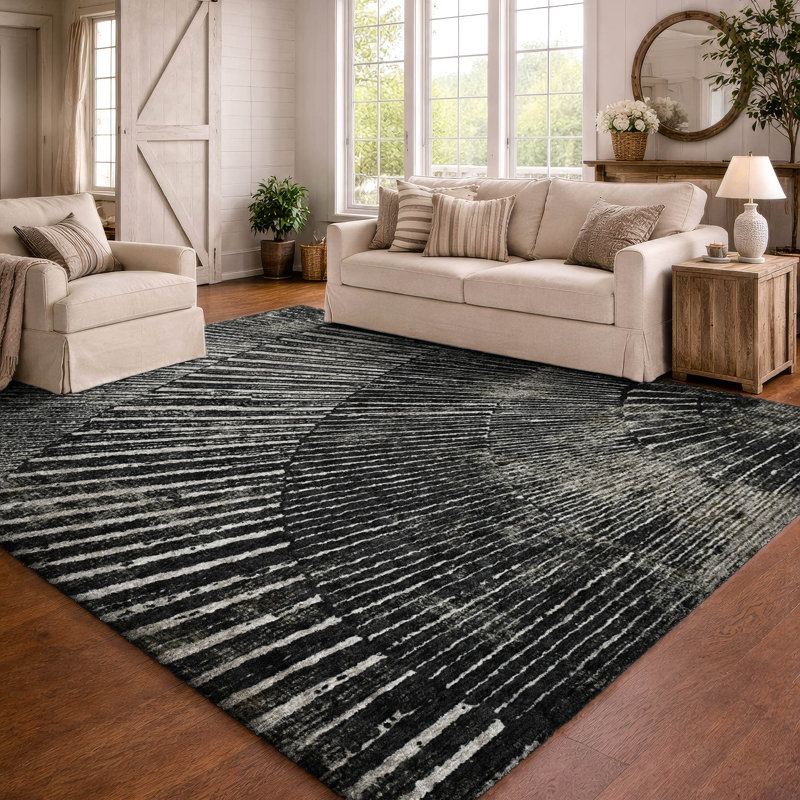 Premium Machine Washable Dream Shag ADS542 Fan-Like Rug, 9' x 12', Black