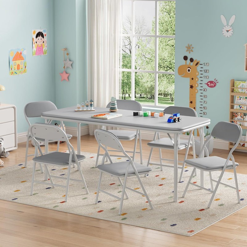 Kids Folding Table with Thick PU Leather Top, Durable Steel Frame, Round Corners & Anti-Slip Feet, Portable No-Assembly Activity Table for Indoor Outdoor Play, Grey