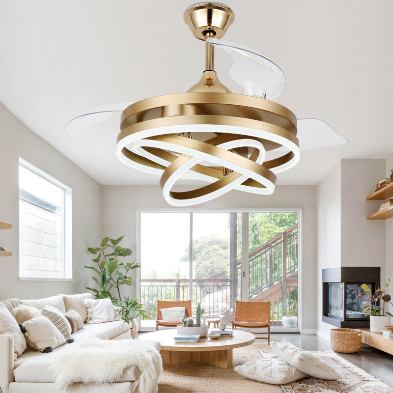 Brynnly 42" Retractable DC Motor Ceiling Fan with LED Lights, Remote 3-Colour 6-Speed, Gold with Clear Blades