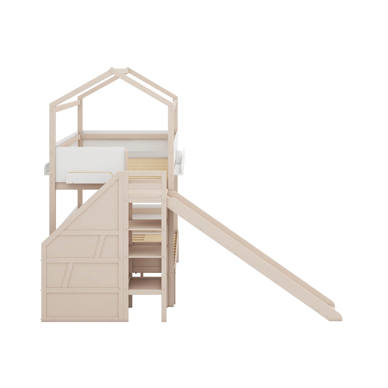 House-Shaped Bunk Bed With Slide And Storage Staircase, Wooden Bunk Bed Frame With Guardrails With Display Shelves