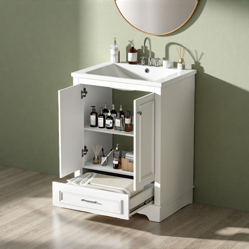 Meuble-lavabo 24 po avec lavabo en céramique, armoire de rangement autoportante moderne avec poignées argentées, portes à fermeture douce