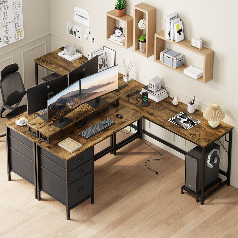 Morihisa L Shaped Desk, 94.5" Reversible Computer Gaming Desk With 3 Drawers, Corner Desk With 2 Monitor Stand, Home Office Desk Workstation