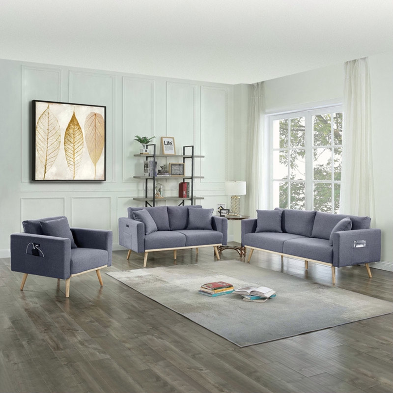 Ensemble de canapé-lit en tissu de lin gris foncé avec passe-charge USB, poches et coussins