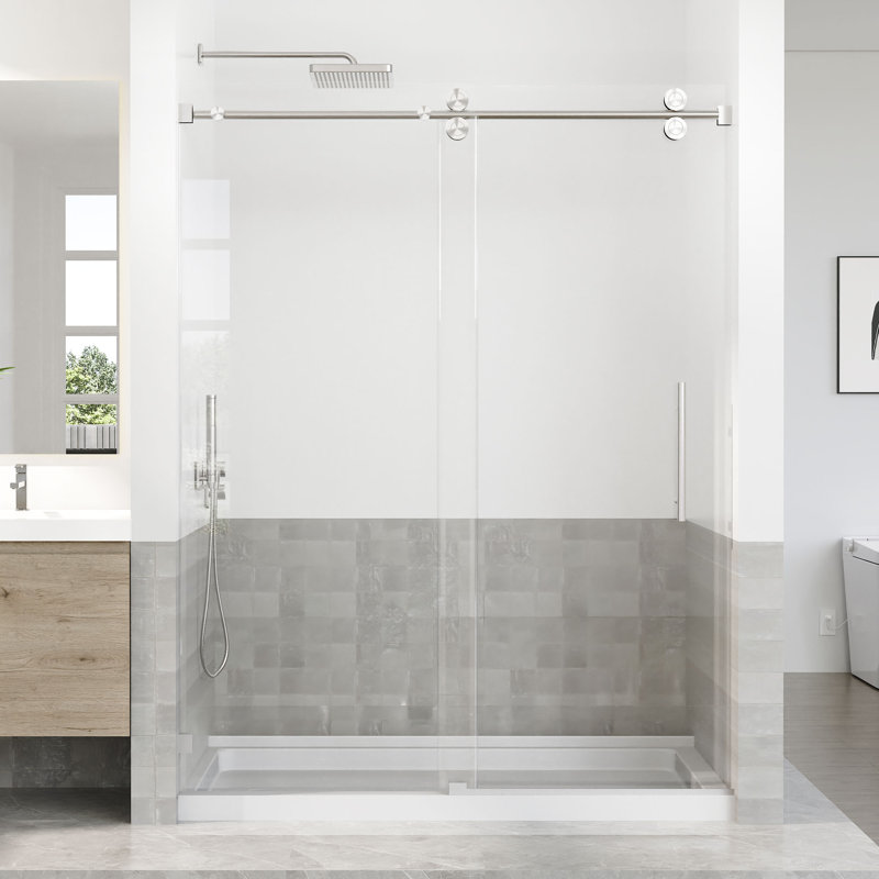 56-60 In. W X 76 In. H Single Sliding Frameless Shower Door With 5/16 In. (8 mm) Tempered Glass, Brushed Nickel