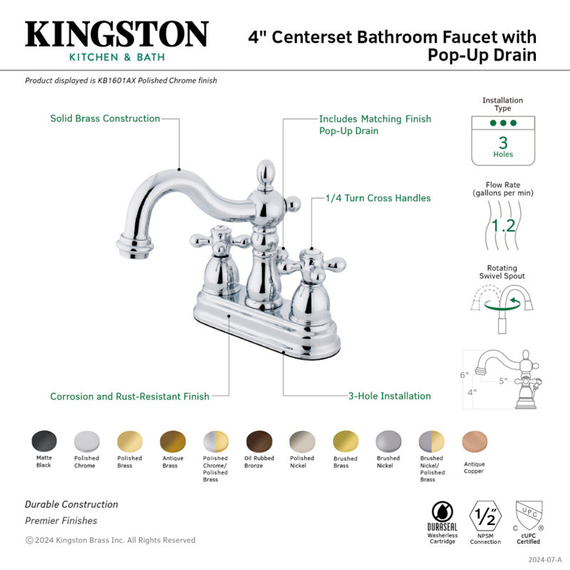 Kingston Brass Heritage Two-Handle 3-Hole Deck Mount 4" Centerset Bathroom Faucet with Plastic Pop-Up, Brushed Nickel