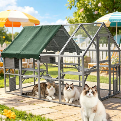 Enceinte d'extérieur pour chat 74 po x 73 po x 110 po, cage pour chat avec espace de 57 pieds carrés, 2 portes verrouillables, plusieurs boîtes de repos, rampes et plateformes pour chats et petits animaux