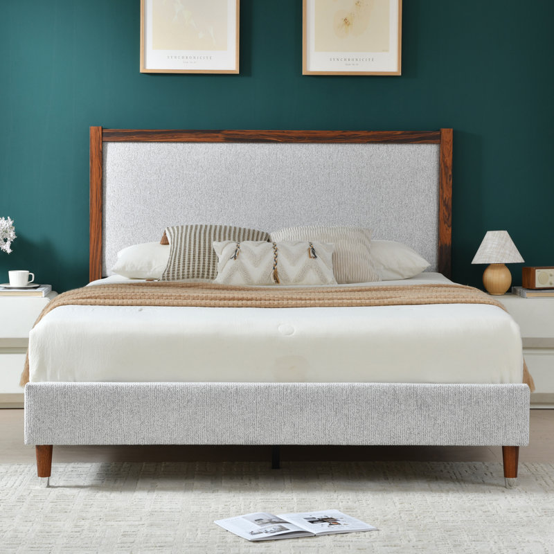 Lit plateforme en bois avec base rembourrée, Light Grey, Double