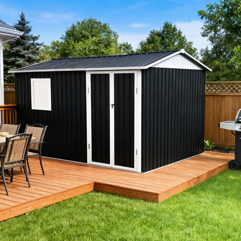Abri de jardin en métal 9,5 x 6,7 pi, structure en fer, intempéries, grand espace pour les articles ménagers, fenêtre translucide 9 x 6 pi, cadre renforcé, assez