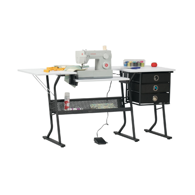 Sewing Table With Storage Drawers And Large Lower Shelf, Black And White, 24"D X 60"W X 29"H