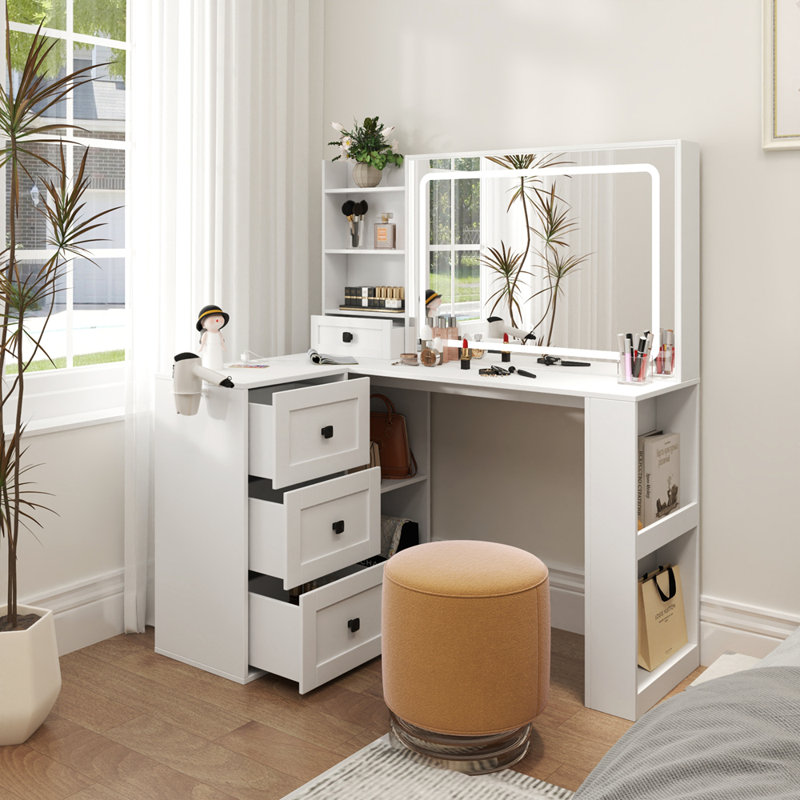 Ensemble de coiffeuse élégant avec miroir à DEL et grand rangement pour le maquillage et les accessoires