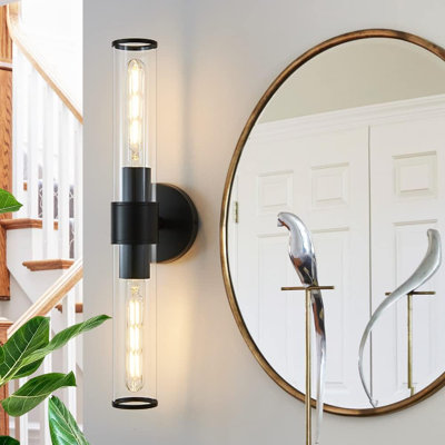 Modern Black Bathroom Vanity Light Fixture With Clear Glass, Up And Down Wall Sconce For Indoor Spaces, Hardwired Installation