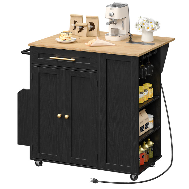 Kitchen Island Kitchen Island Cart with Drop Leaf, Power Outlets and Towel Rack, Black