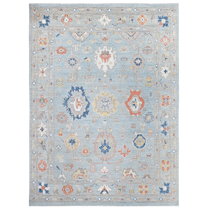 Tapis bleu ciel de haute qualité noué à la main, Rectangle 7 pi 11 po x 10 pi 2 po