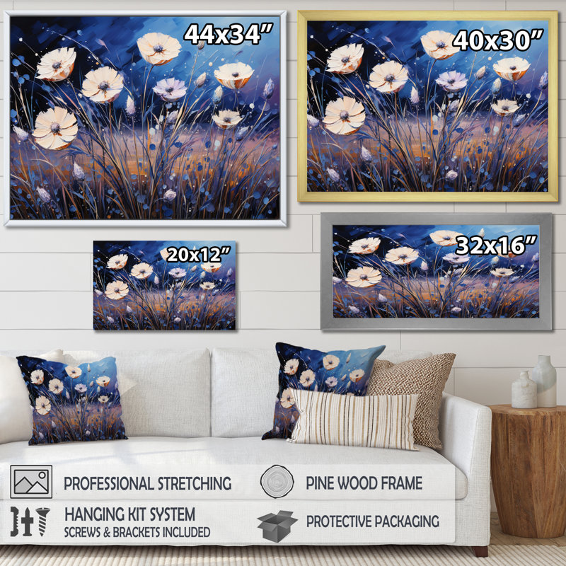 Blue Cornflowers Cascading II - Floral Canvas Prints, Cadre photo argenté, H 16 po x l 32 po x P 1 po