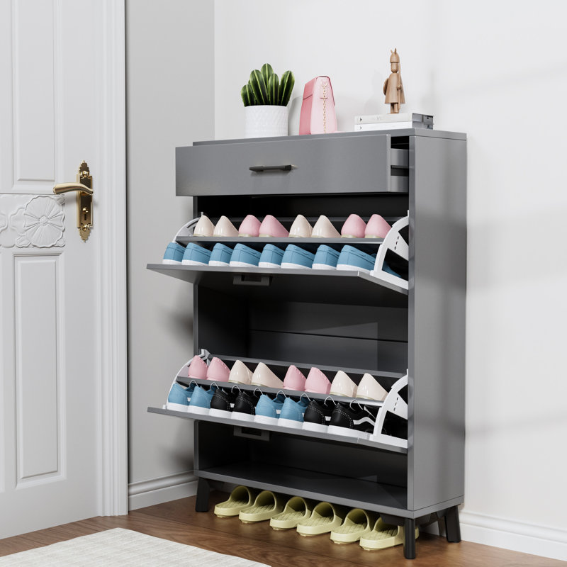 Support à chaussures gris - 2 tiroirs rabattables, peu encombrant, armoire de rangement, Gris