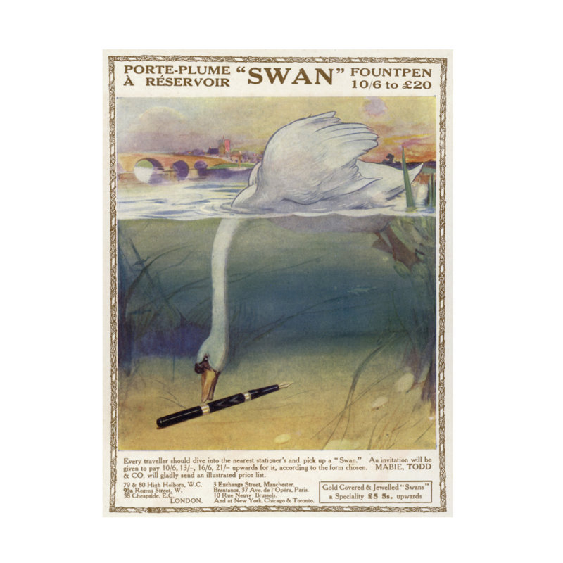 Art anglais sur toile, "The Swan Fountpen", H 19 po x l 14 po