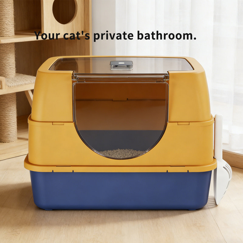 Bac à litière fermé pour chat avec pelle, bac à litière pour chat et multi-chats, anti-fuite, antiadhésif (orange)