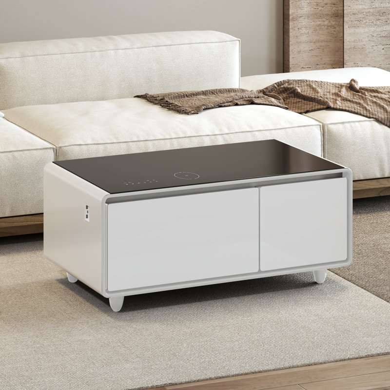 Myabella 93L Smart Coffee Table with Freezer and Fridge, Multiple charging and Bluetooth Speaker, White