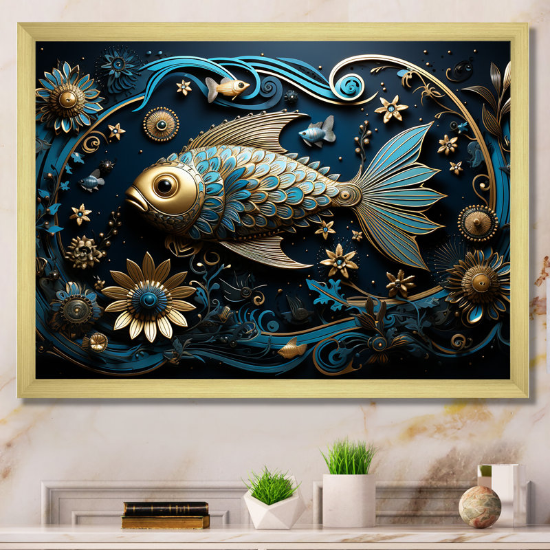 L'hindouisme «Matsyas God Aquatic Azure II», reproduction sur toile, Cadre doré simple, H 24 po x l 32 po x P 1 po