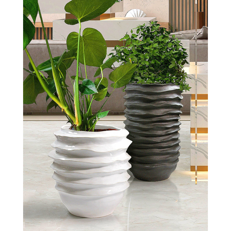 Wavy Disk Ceramic Planter, 18.5" H x 17.5" W x 17.5" D, White